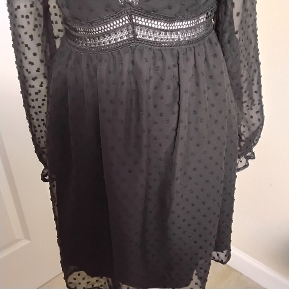 Shein Women's Black Scheer Deep V-Neck Long Sleeve Swiss Dot Tie Mini Dress L - Picture 8 of 9